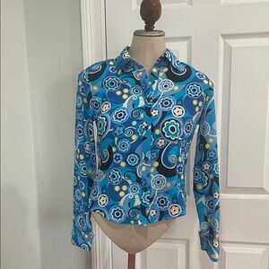 Mary-Kate and Ashley mod floral Button Down Shirt white blue girls size XL 14 16